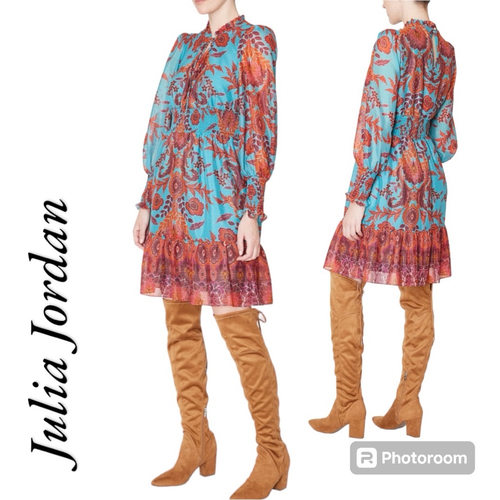 Julia Jordan Fit and Flare Smocked Waist Teal Floral Print Lined Dress Size 8